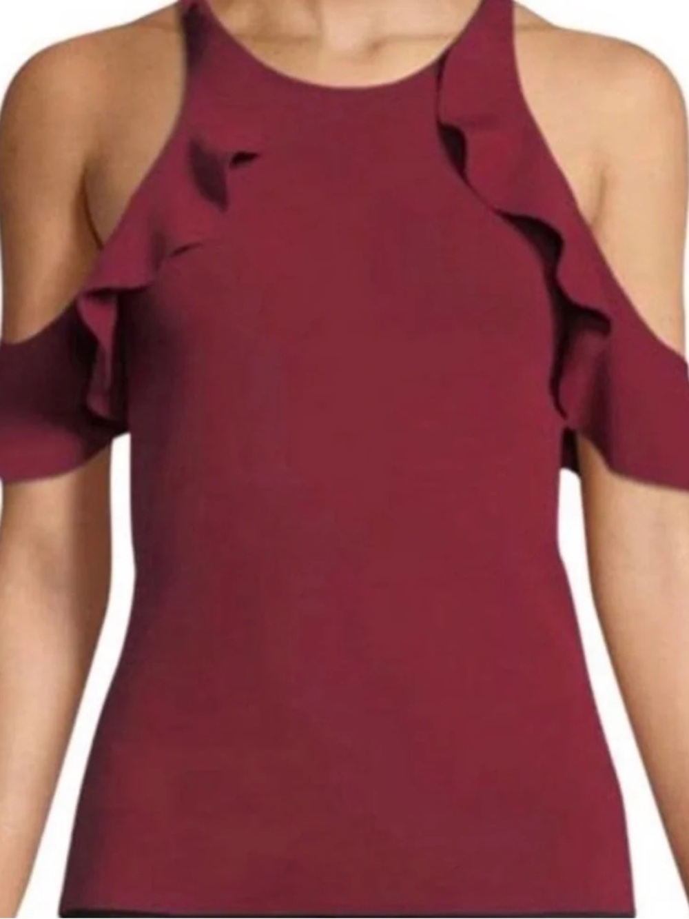 Jonathan Simkhai Burgundy Hanging Ruffle Open Shoulder Knit Top Medium - Picture 2 of 6